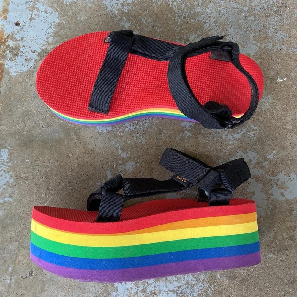 TEVA universal flatform rainbow pride platform sandal x Tegan and Sara